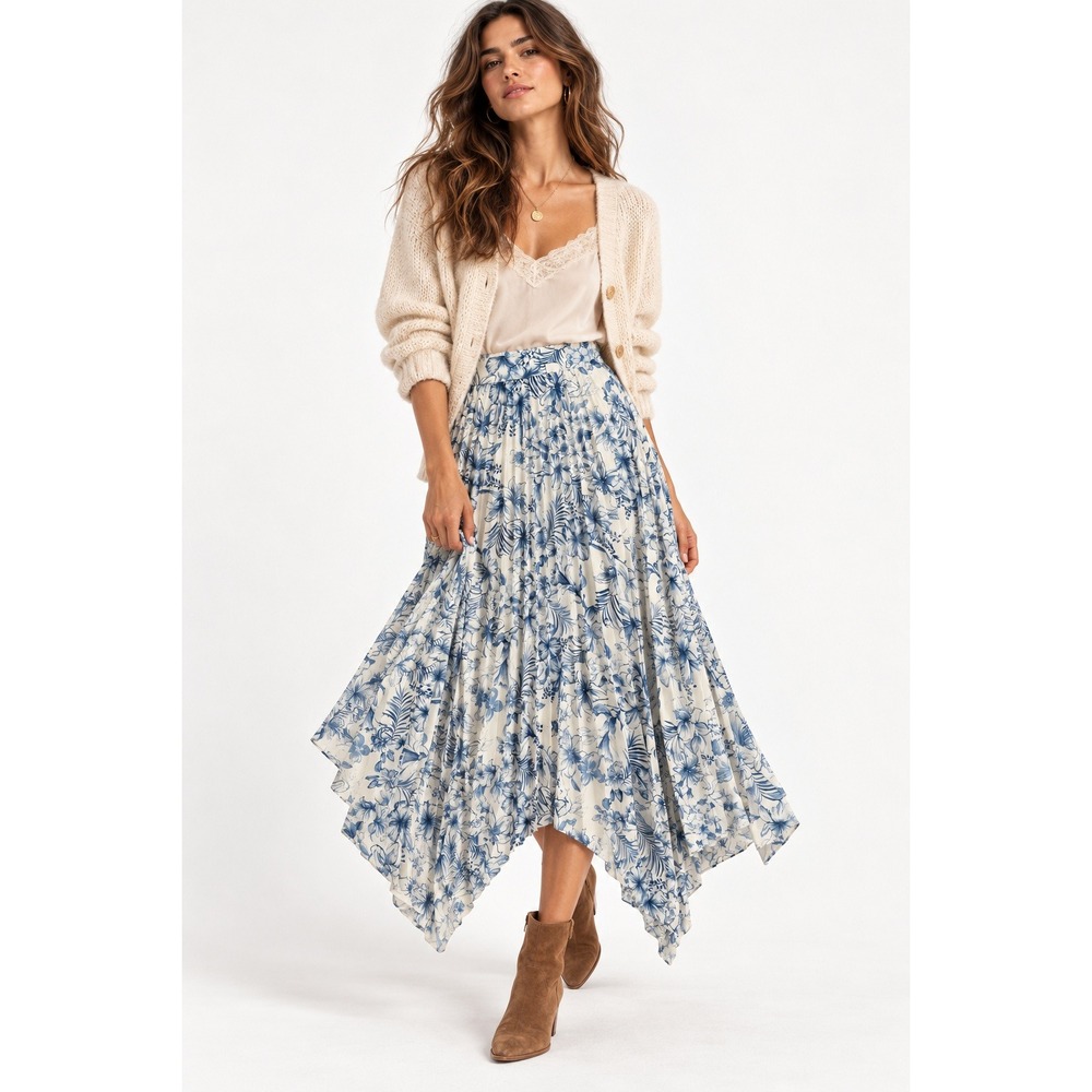 Skies Are Blue Saran Pleated Asymmetrical Hem Midi Skirt Blue Floral Small NWOT